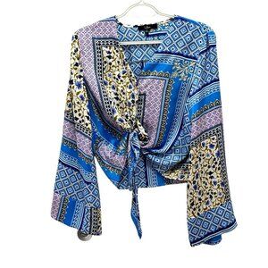 Lulus Womens Tie-Front Printed Blouse Blue XS Polyester Boho Geometric Pattern